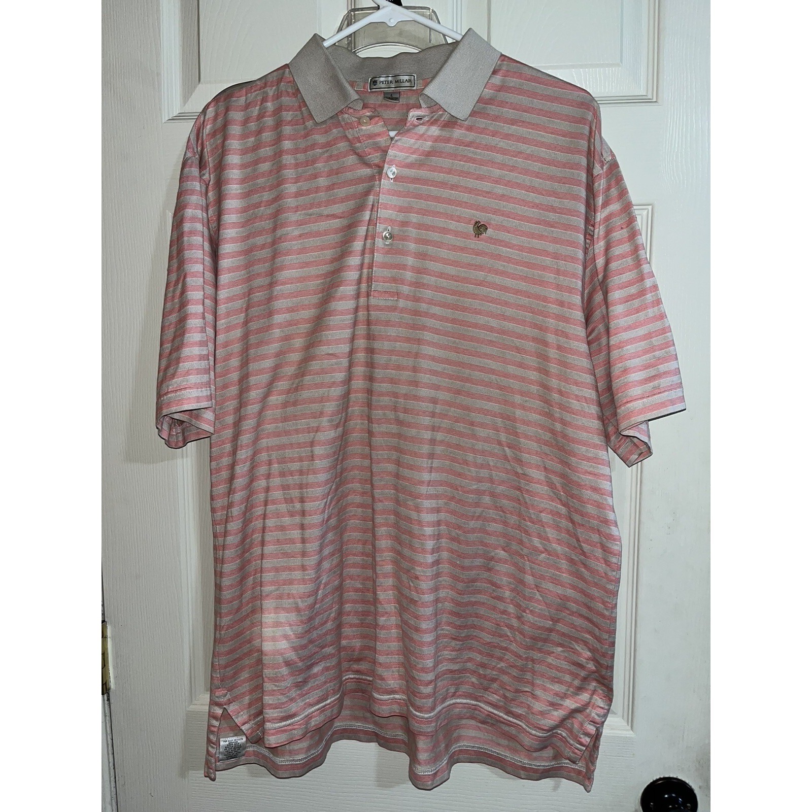Peter Millar Polo Golf Shirt Men's L , Pink And Gray Striped Rooster Logo